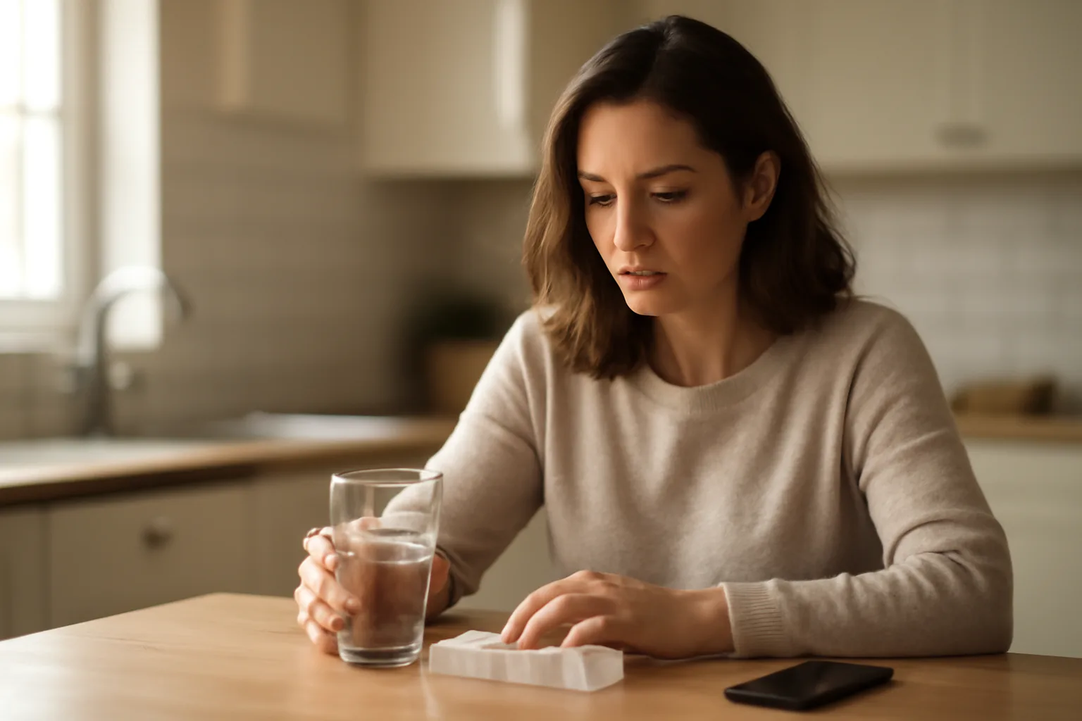 Woman considering medication options at home, PT-141 vs Addyi decision