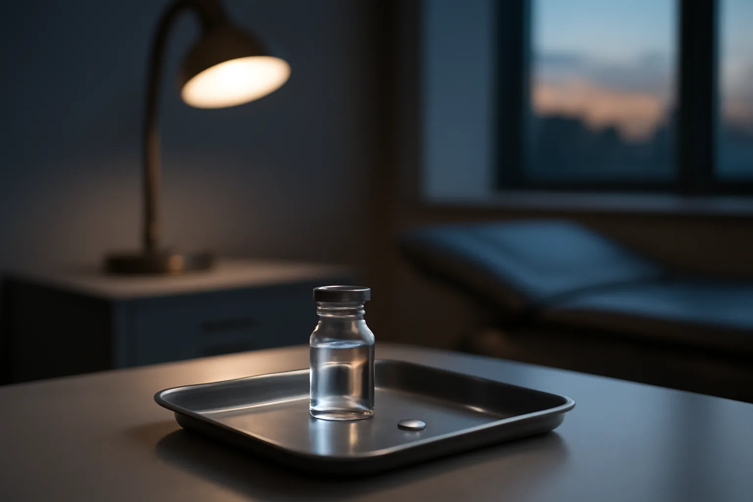 Vial and pill on a steel tray representing PT-141 versus Cialis treatment options