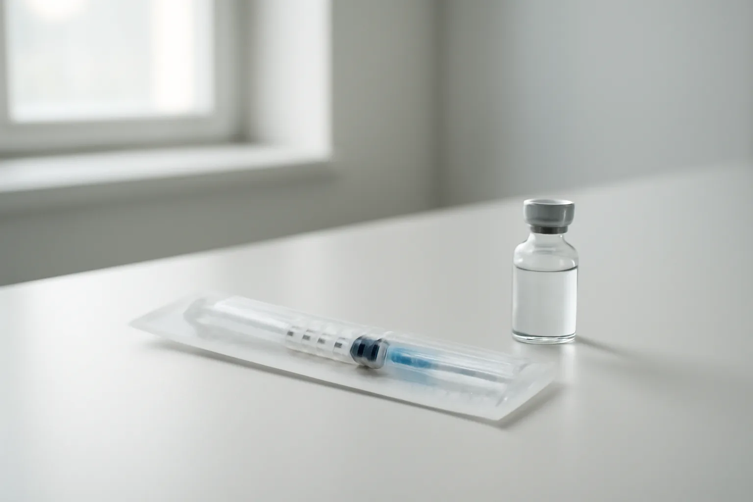 Pre-filled syringe and medication vial on clinical counter for PT-141 comparison