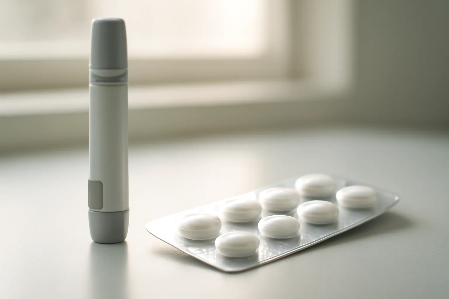 An injector pen beside oral tablets illustrating PT-141 versus Viagra comparison