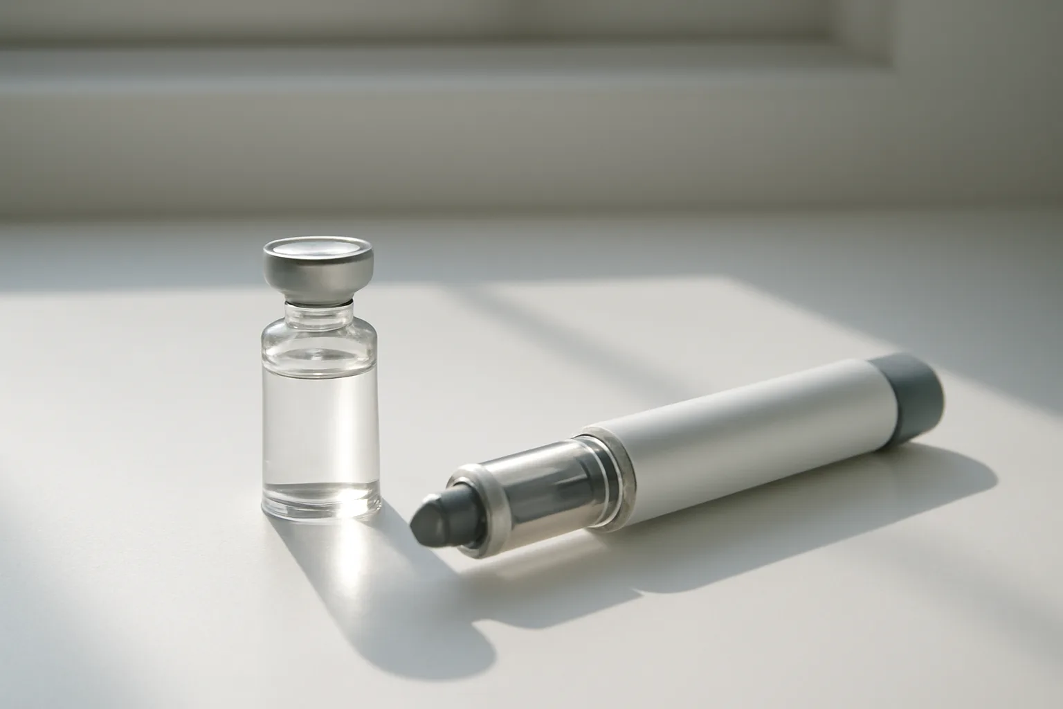Glass vial and autoinjector on laboratory bench, representing PT-141 and Vyleesi