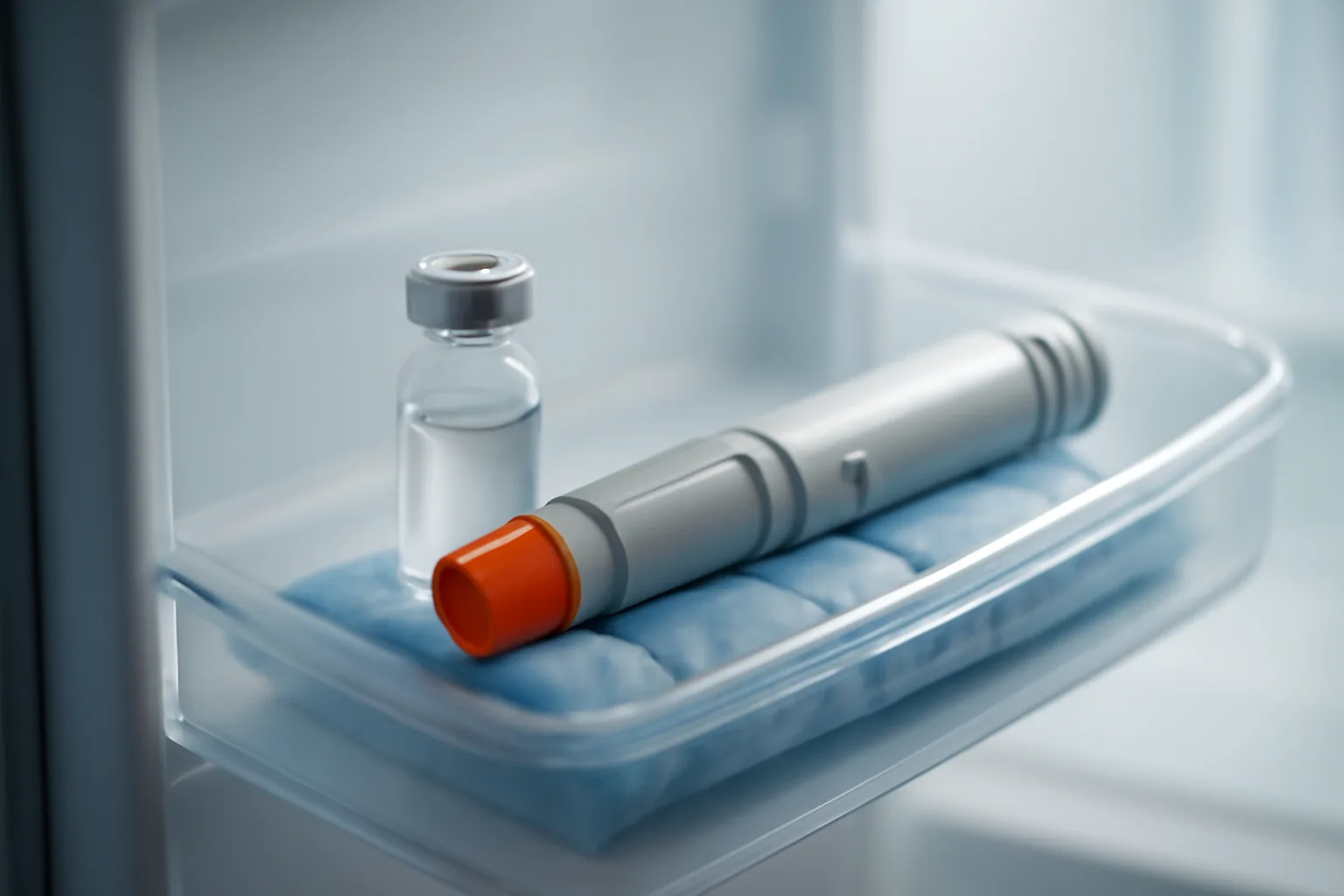 Medication vial and auto-injector stored on an ice pack inside a refrigerator door