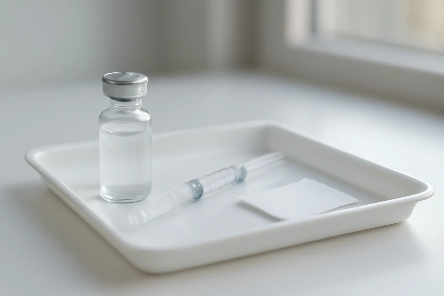 Vial, syringe, and alcohol swab arranged for a peptide reconstitution protocol