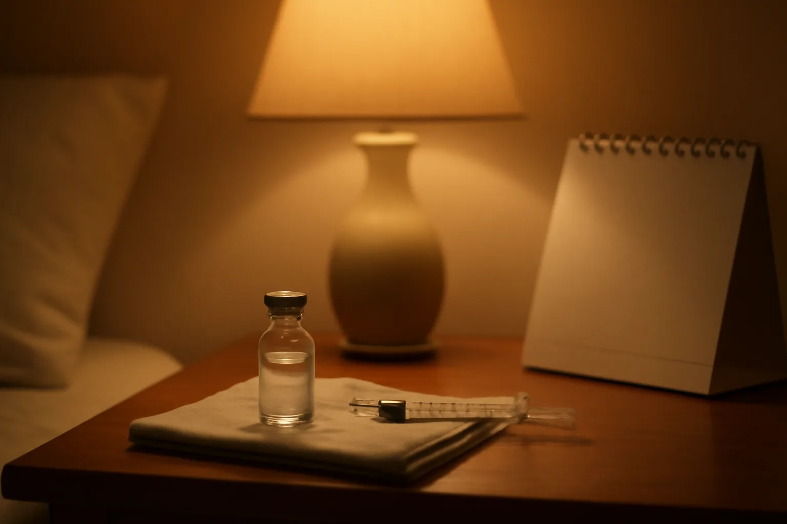 Vial and syringe on bedside table suggesting PT-141 cycle length and dosing rhythm
