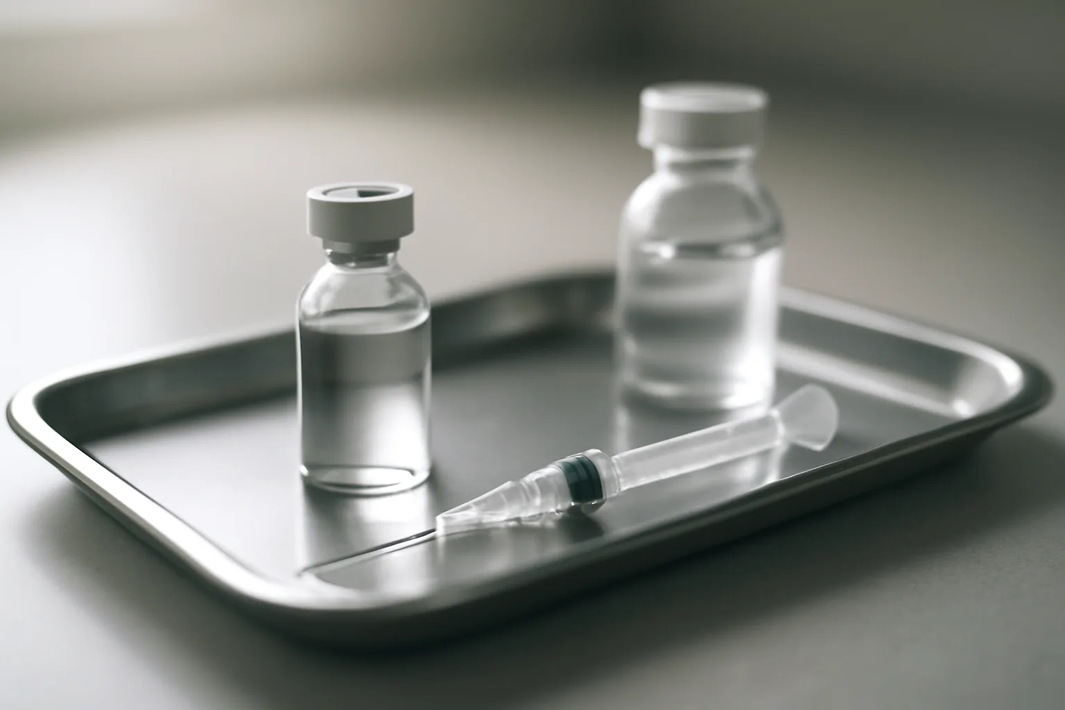 Vial, syringe, and diluent arranged for a PT-141 dosage calculation on a steel tray