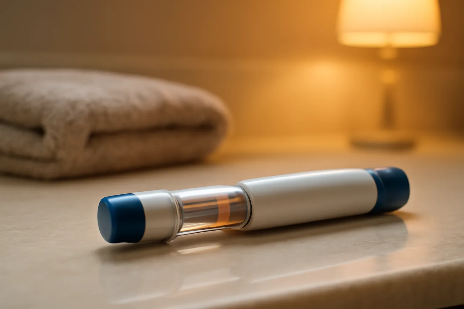 Auto-injector pen on a counter representing PT-141 dosage and self-administration