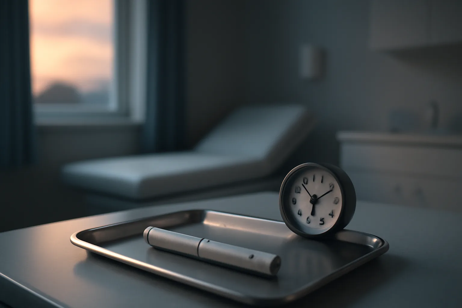 Autoinjector pen and analog clock on a tray, illustrating PT-141 half life timing
