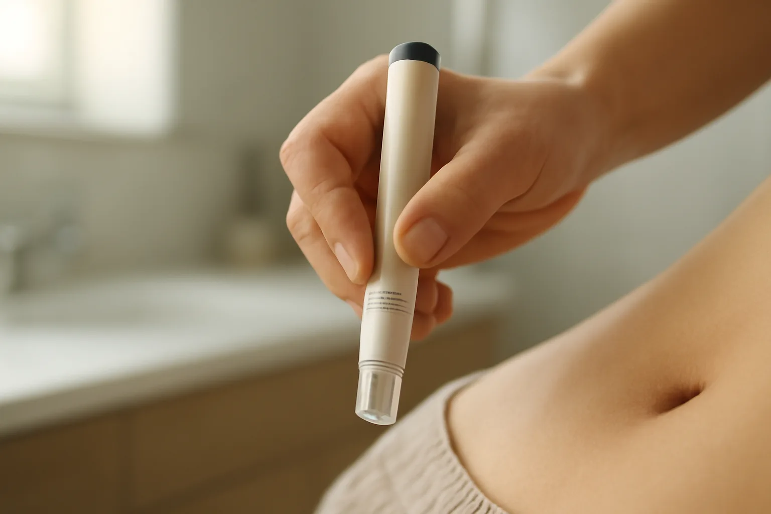 Hand positioning a prefilled autoinjector against abdominal skin before a PT-141 injection