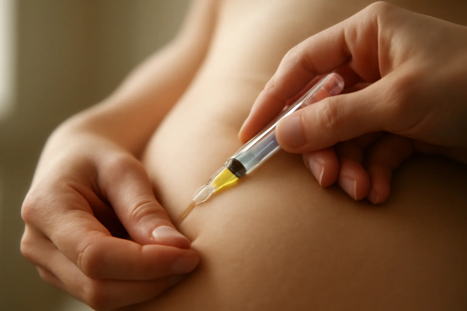 Hand preparing a subcutaneous PT-141 injection at the abdomen injection site