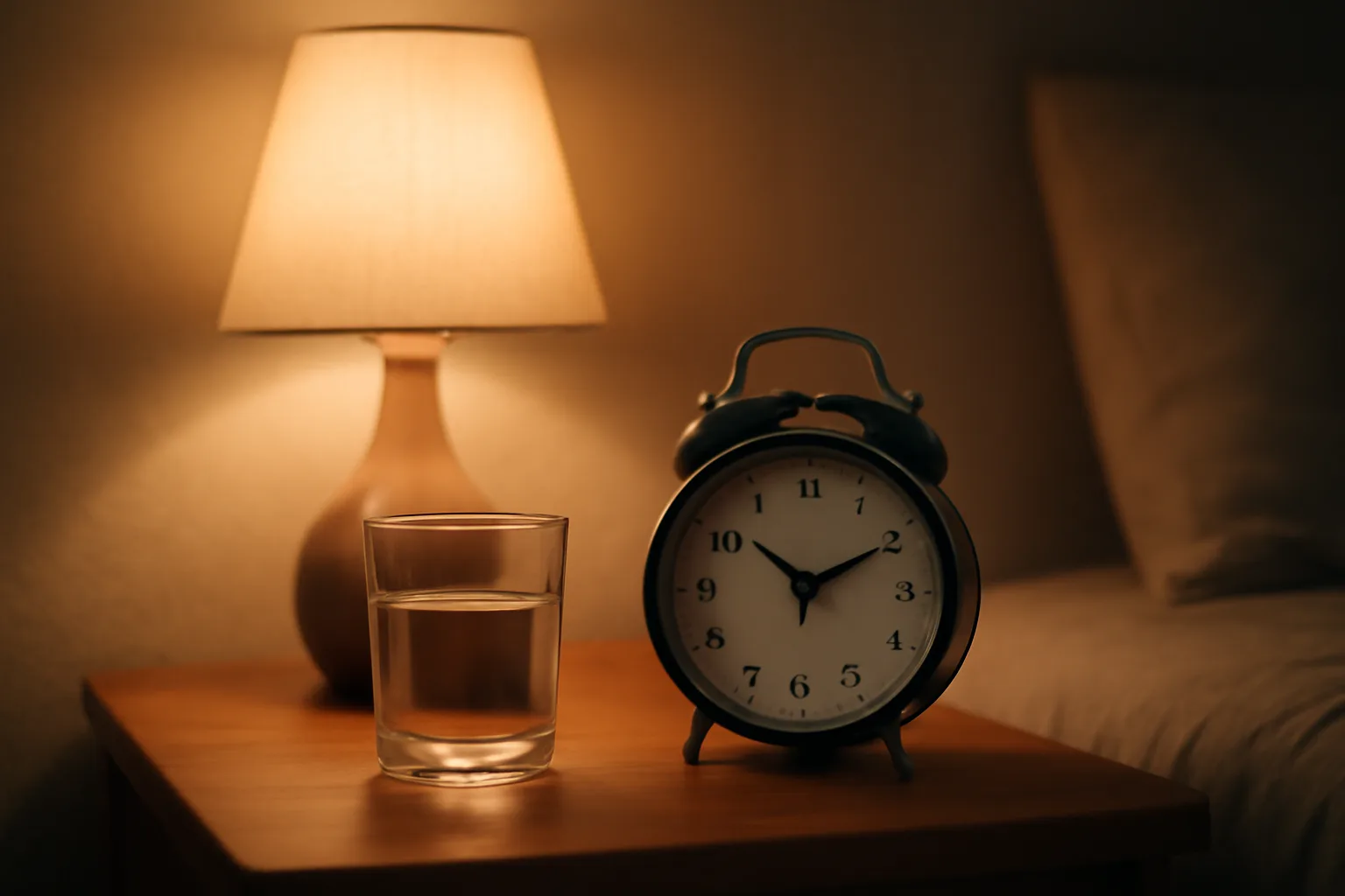 Nightstand clock and lamp light showing evening timing relevant to PT-141 duration