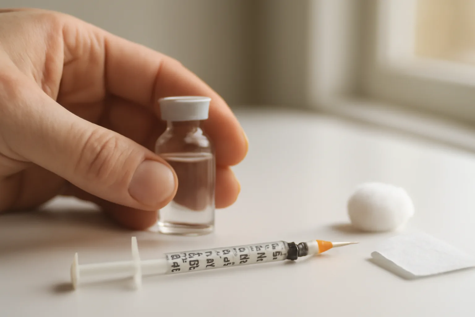 Hand preparing a syringe and vial for a subcutaneous injection at home