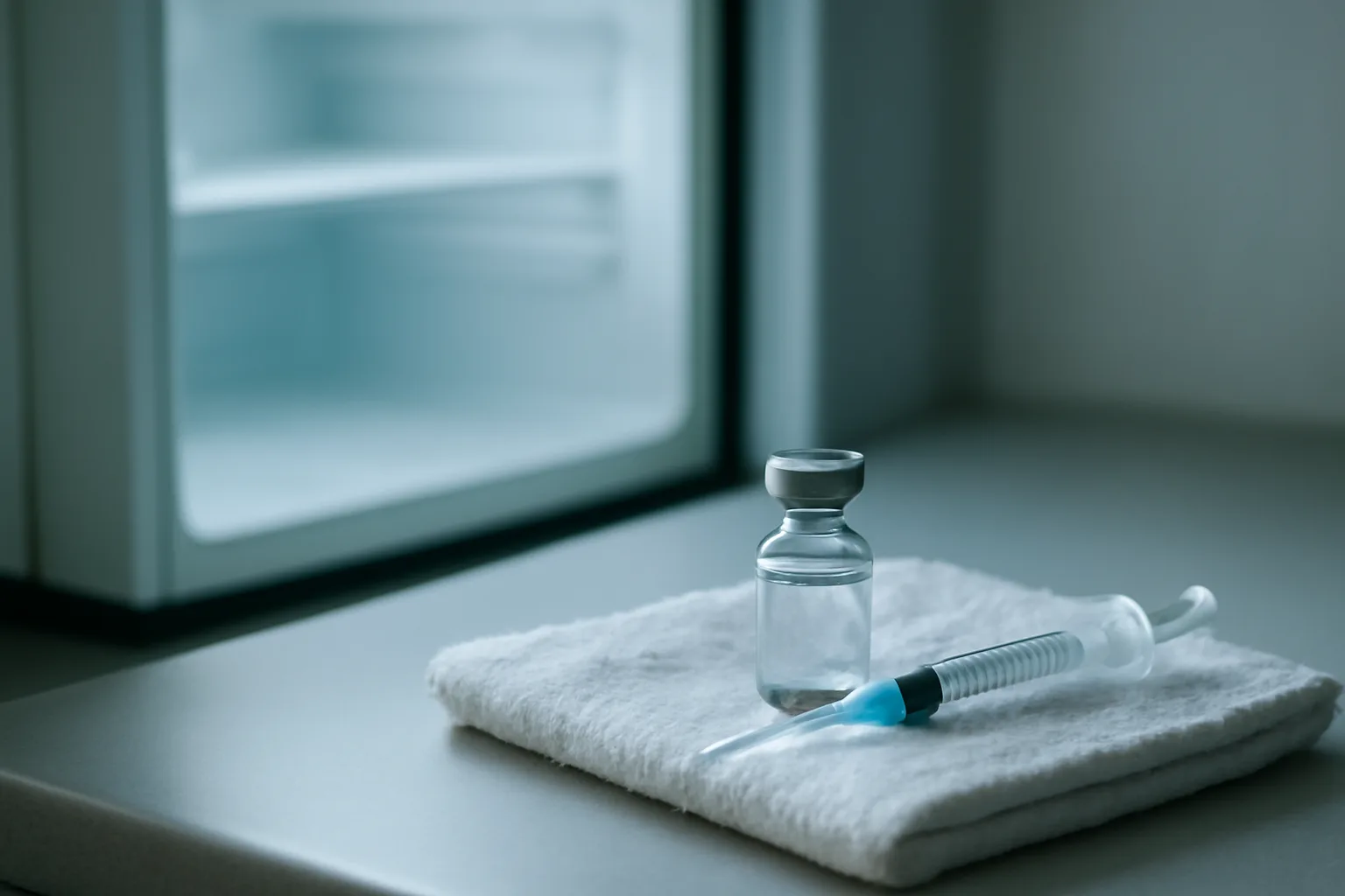 Glass vial and syringe near an open refrigerator, illustrating PT-141 storage and shelf life