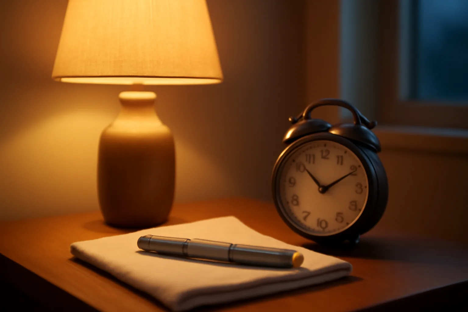 Autoinjector pen on bedside table at dusk illustrating the PT-141 dosing timeline