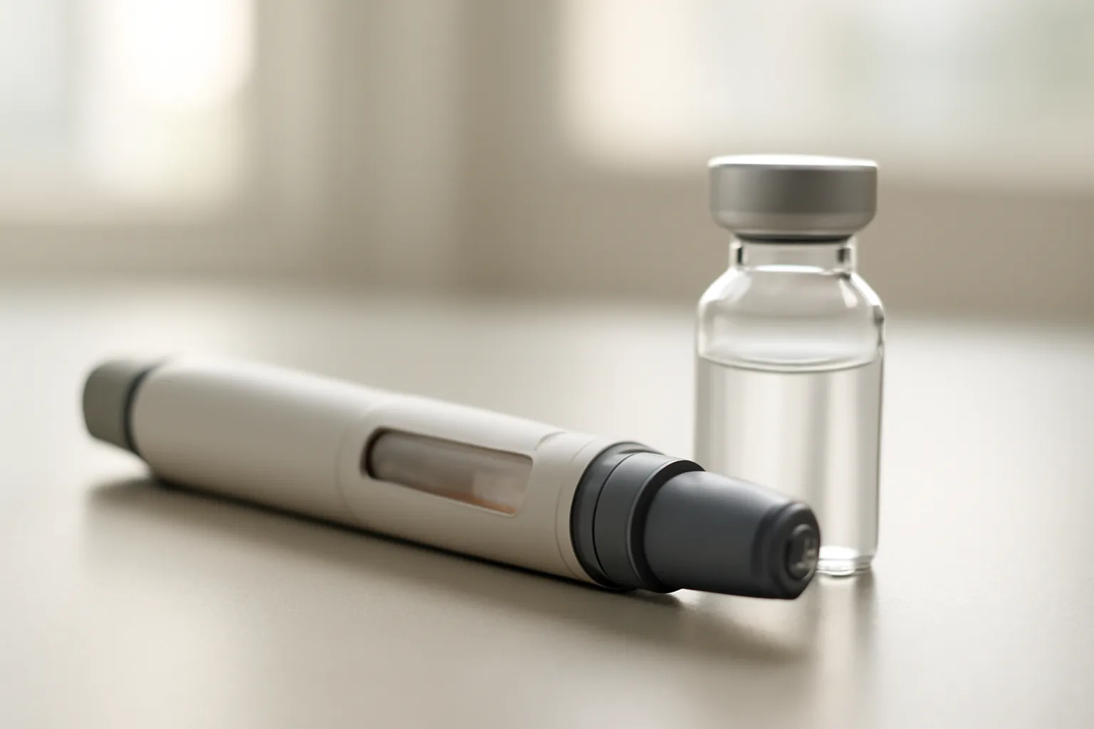 Autoinjector pen and vial on a clinical counter, representing PT-141 injection versus nasal spray