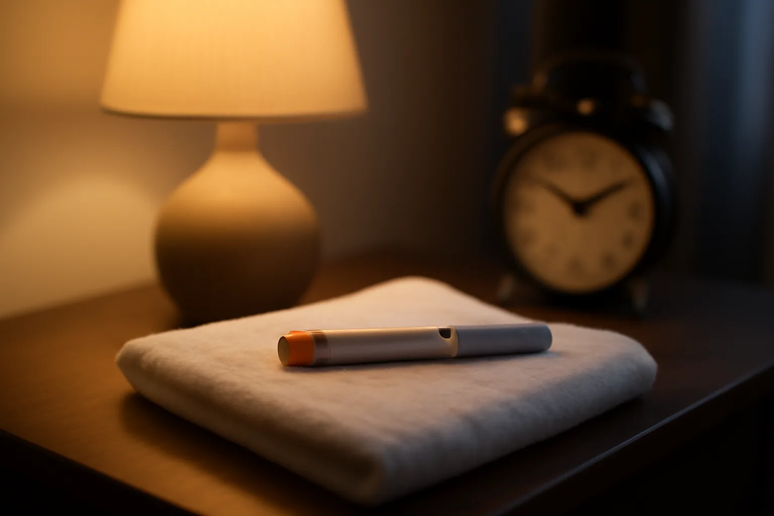 Auto-injector pen on a bedside table illustrating how long PT-141 takes to work
