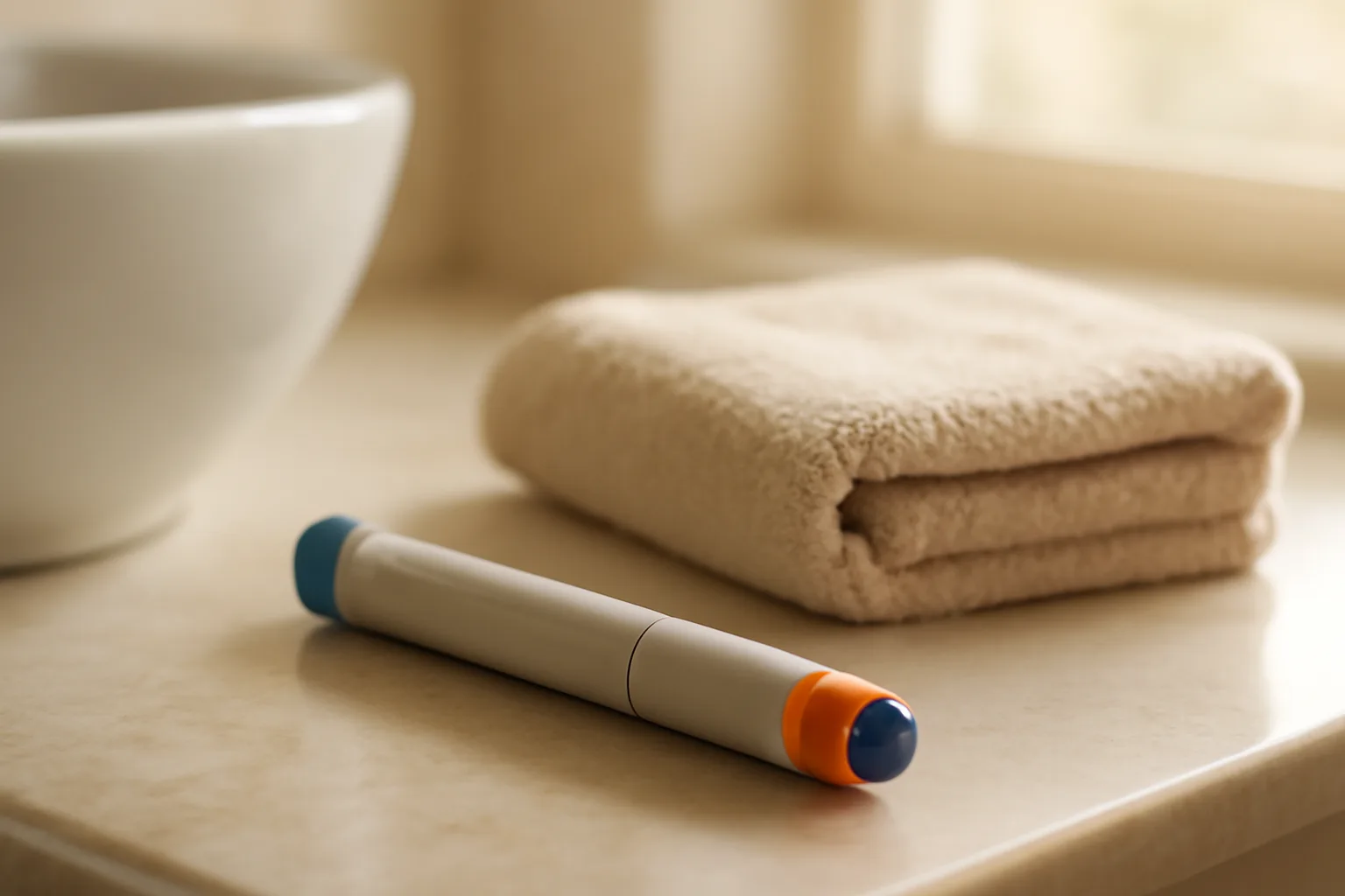 Auto-injector pen for PT-141 prescription resting on a bathroom counter in morning light