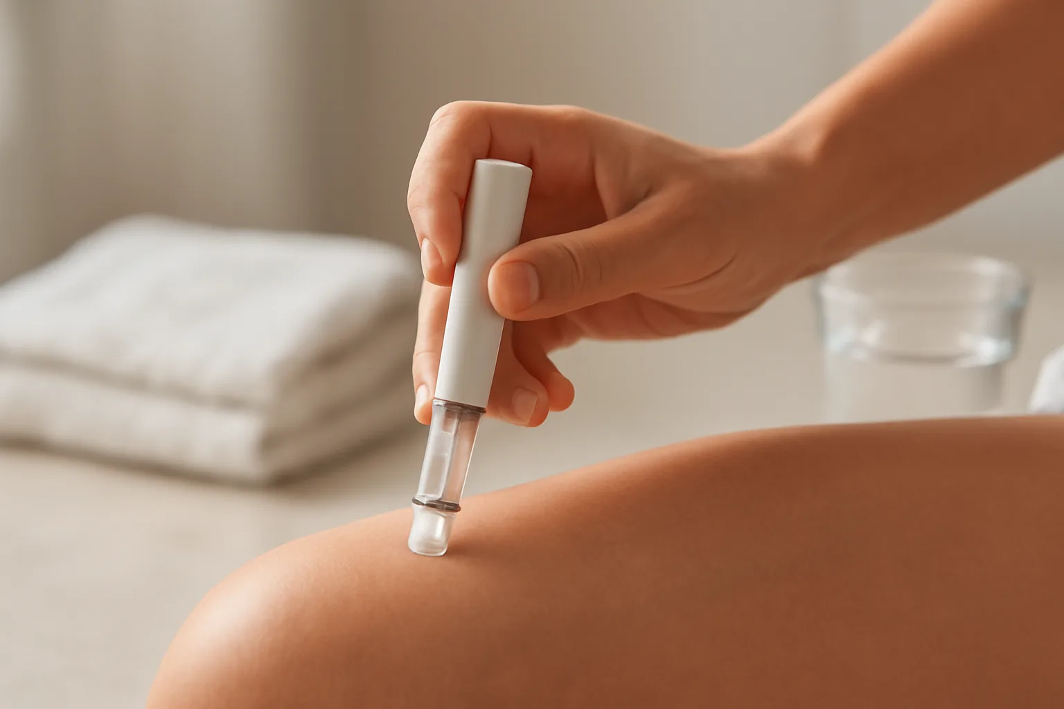 Hand preparing to inject PT-141 subcutaneously into the thigh using an autoinjector