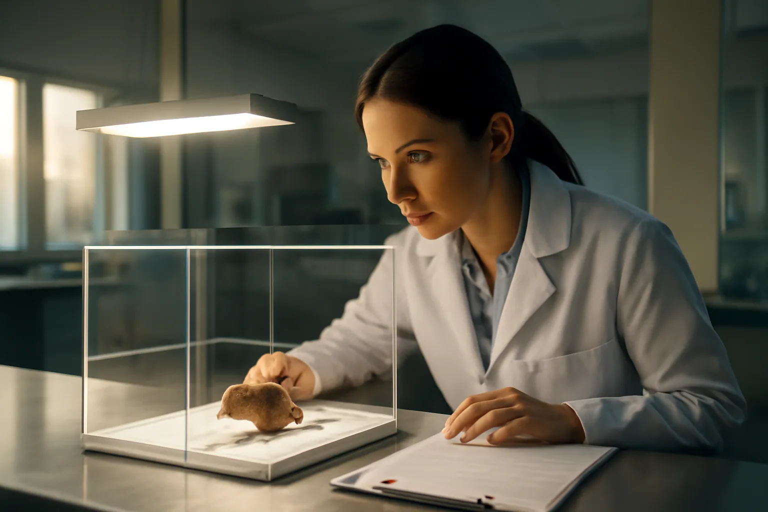 Researcher reviewing animal behavior data in laboratory, representing preclinical PT-141 studies