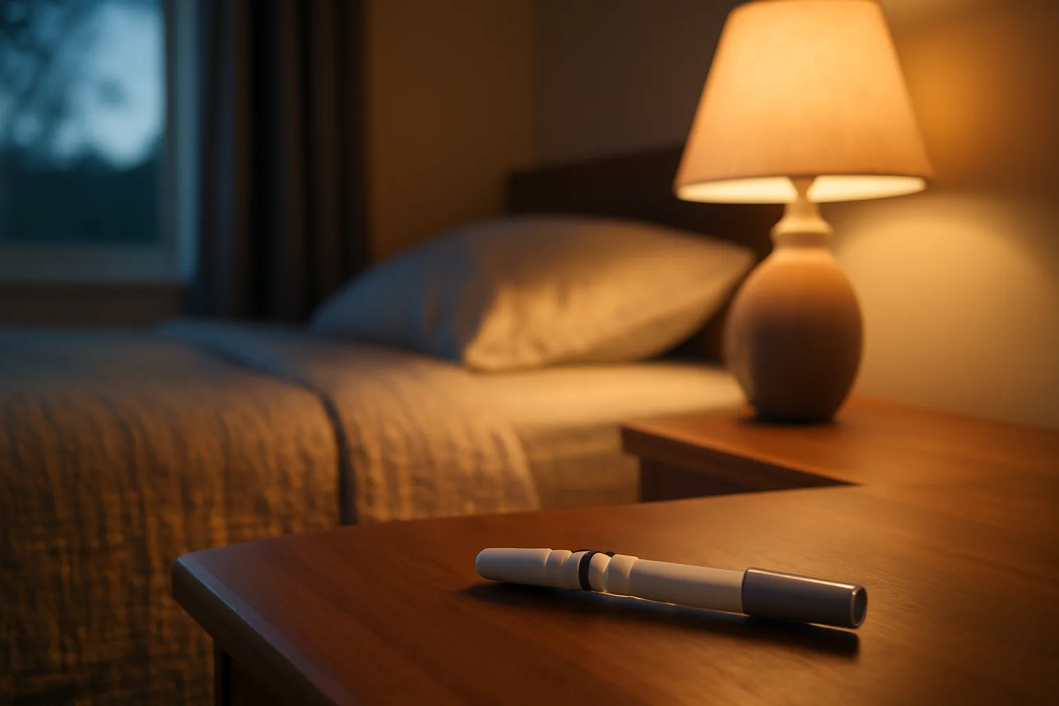 Autoinjector pen on a nightstand in soft evening bedroom light