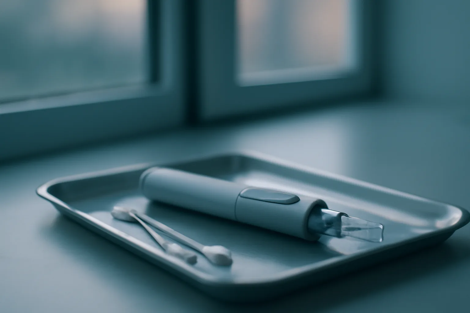 Autoinjector pen on sterile tray representing PT-141 human clinical trial dosing