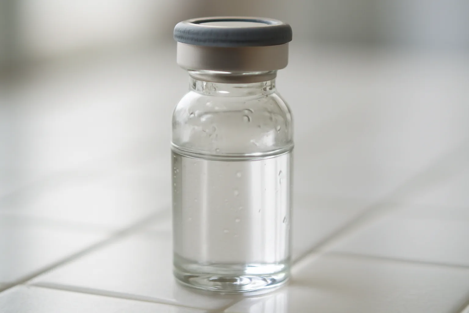 Single pharmaceutical vial on laboratory surface for peptide therapy article