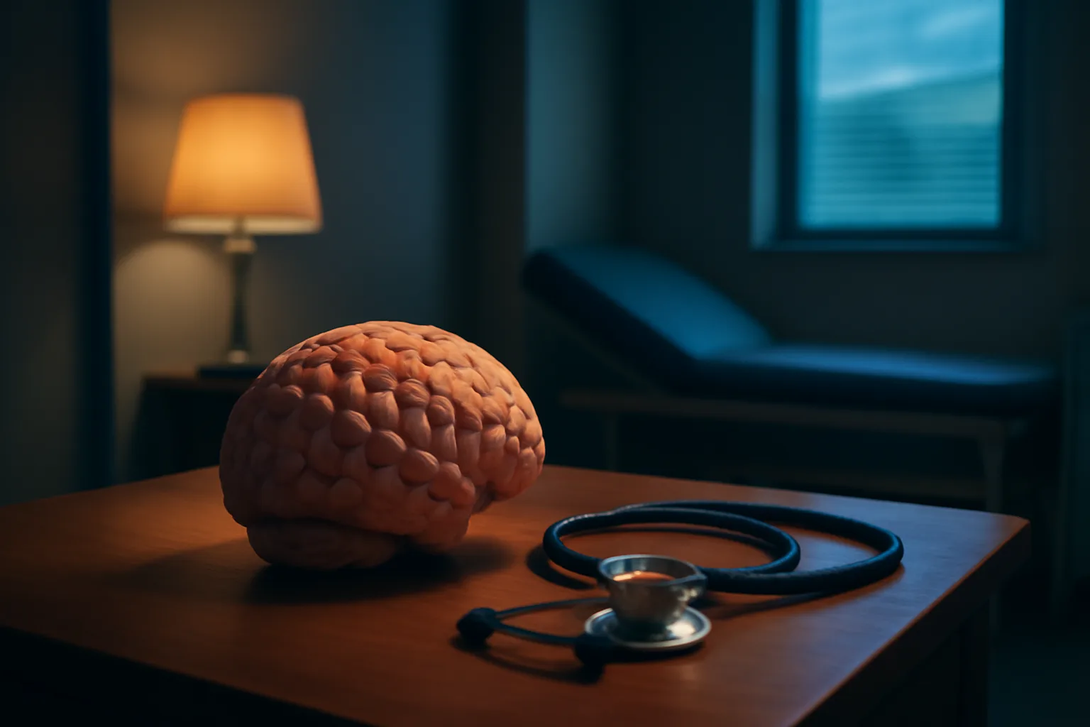Anatomical brain model on a desk representing PT-141's central nervous system mechanism