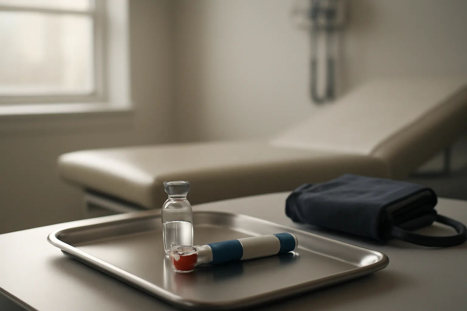 Autoinjector and blood pressure cuff on a clinical tray, evoking PT-141 safety monitoring