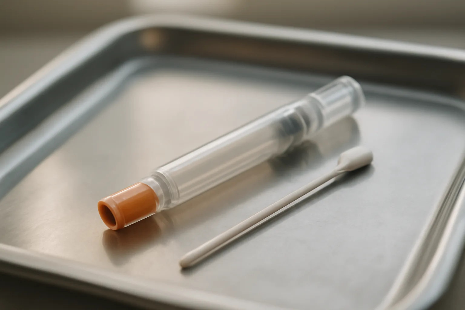 Prefilled auto-injector pen on a clinical tray, representing PT-141 injection use