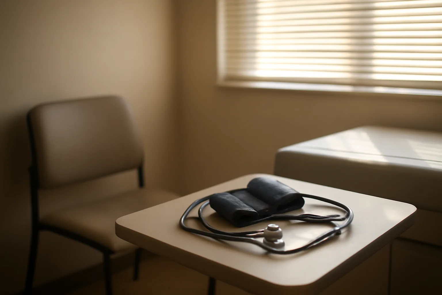 Blood pressure cuff and stethoscope on exam table, referencing PT-141 monitoring