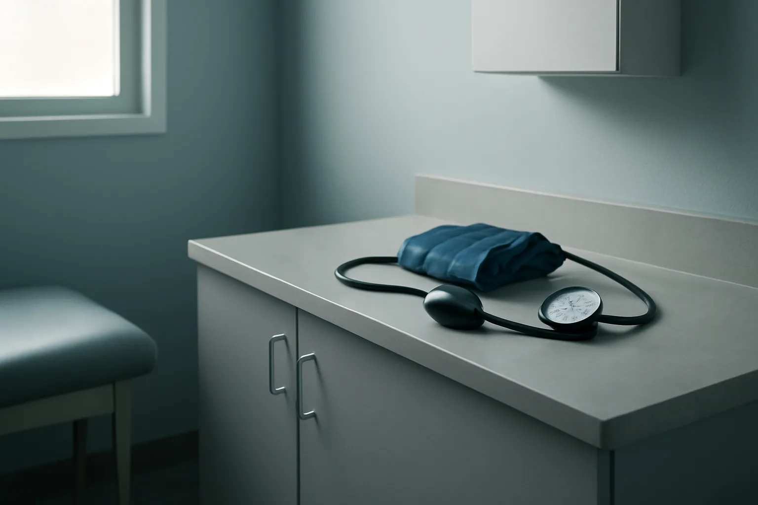 Blood pressure cuff on exam room counter representing PT-141 cardiovascular contraindications