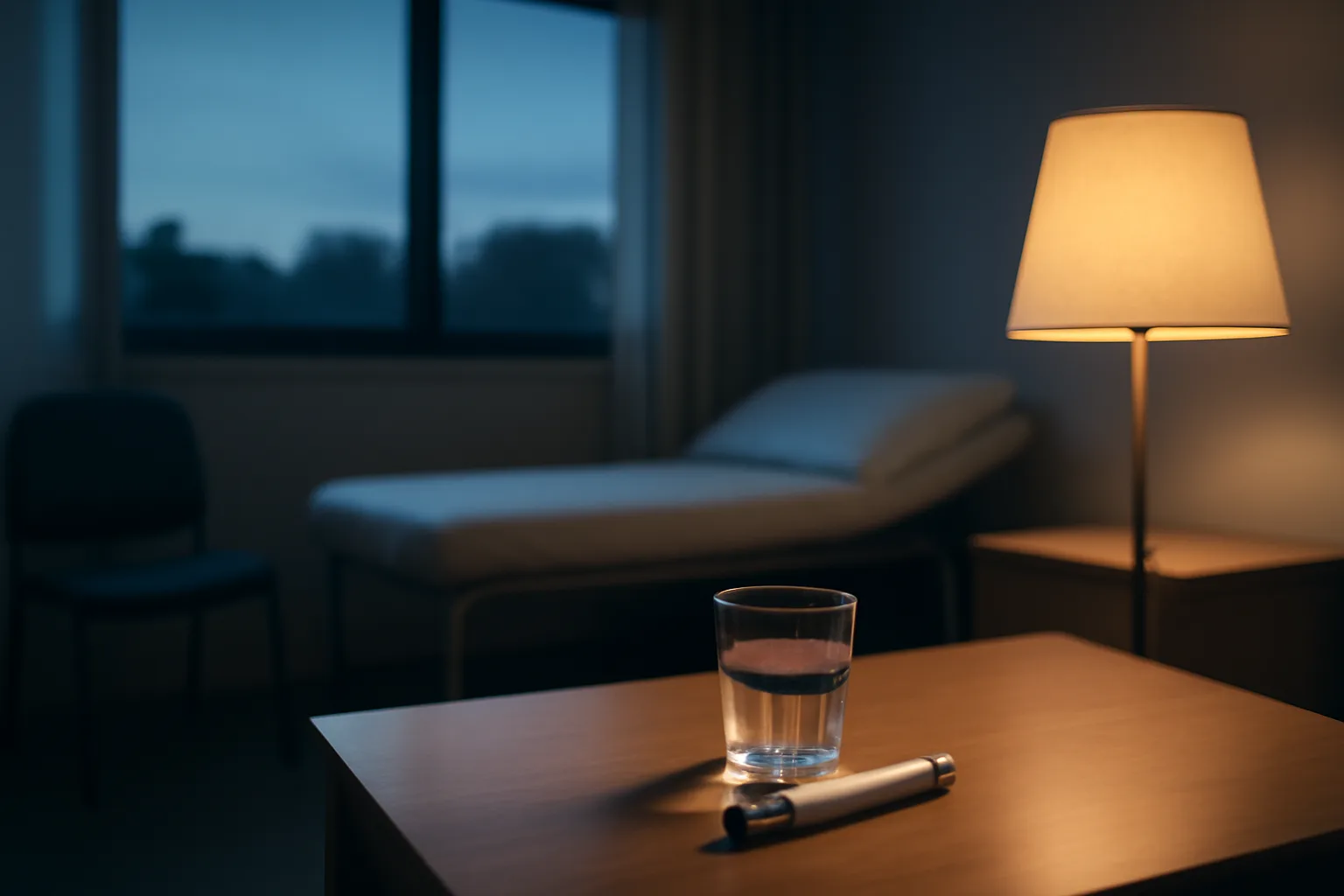 Autoinjector pen and water glass on a table, representing PT-141 medication safety review