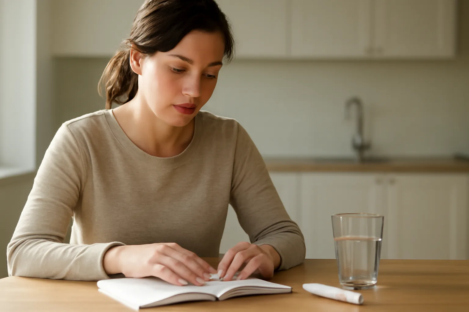 Woman reviewing medication information and autoinjector at home