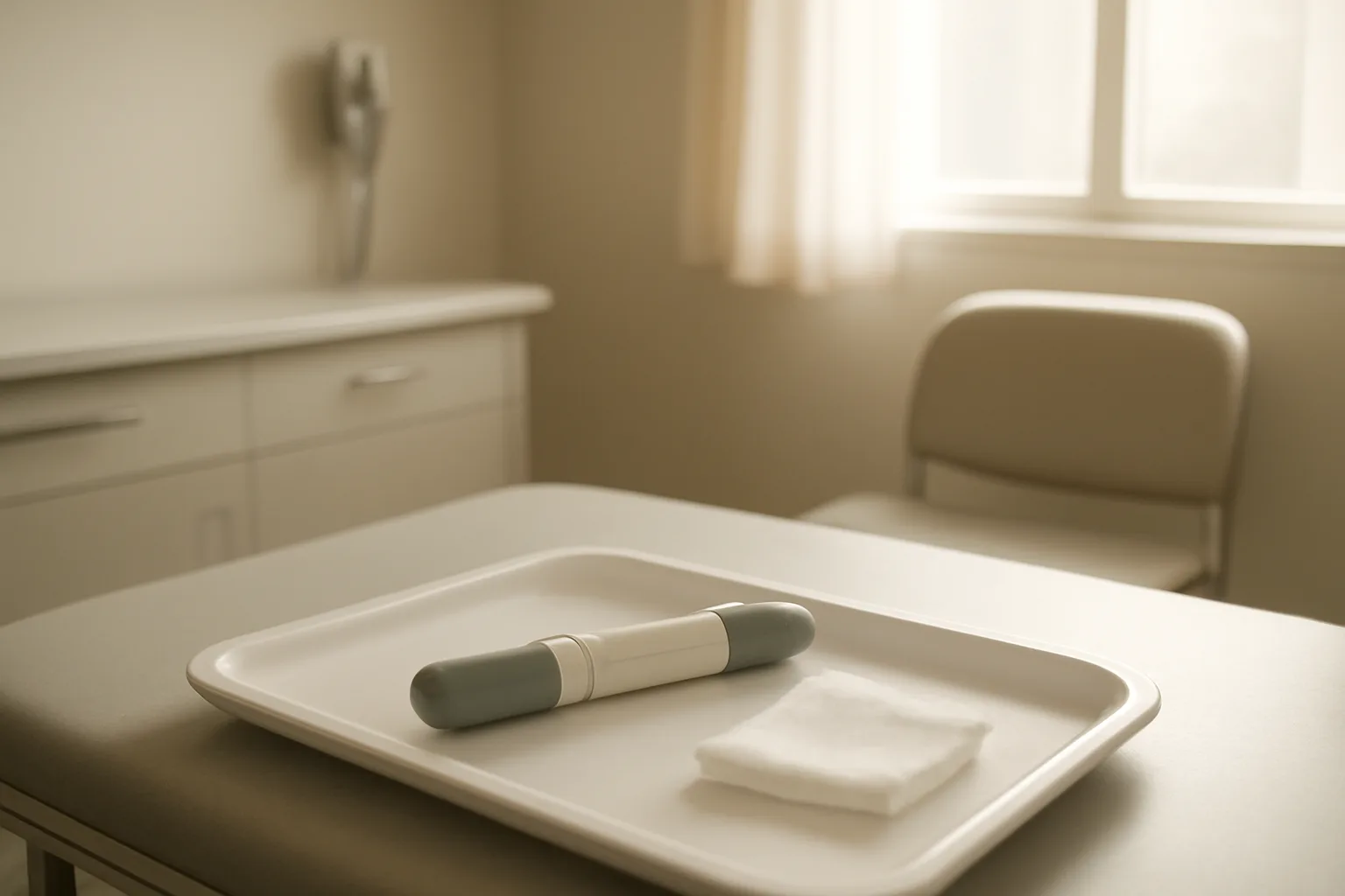 Auto-injector pen and gauze on a tray in a clinical exam room