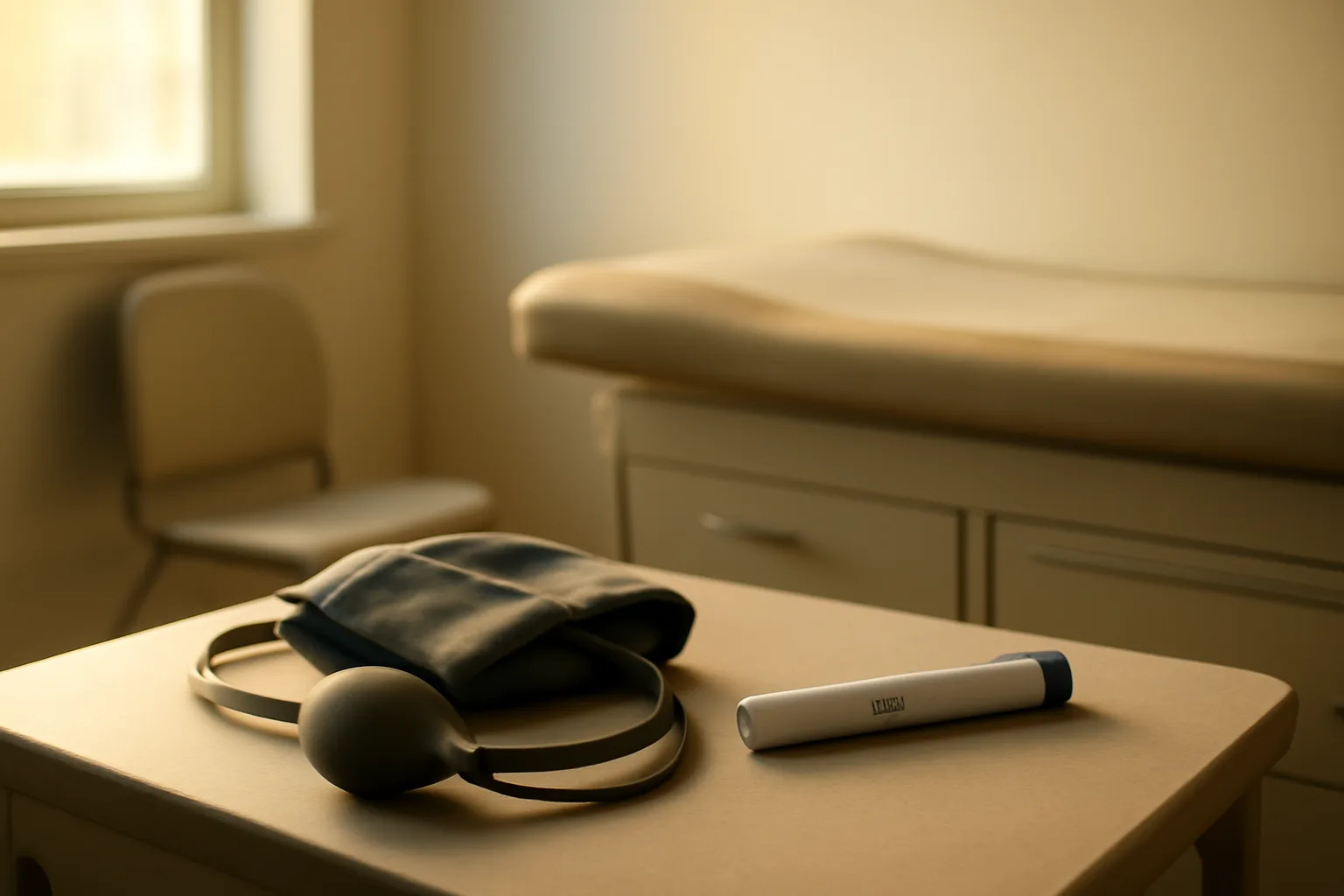 Blood pressure cuff and injector pen on exam table, representing PT-141 side effect monitoring