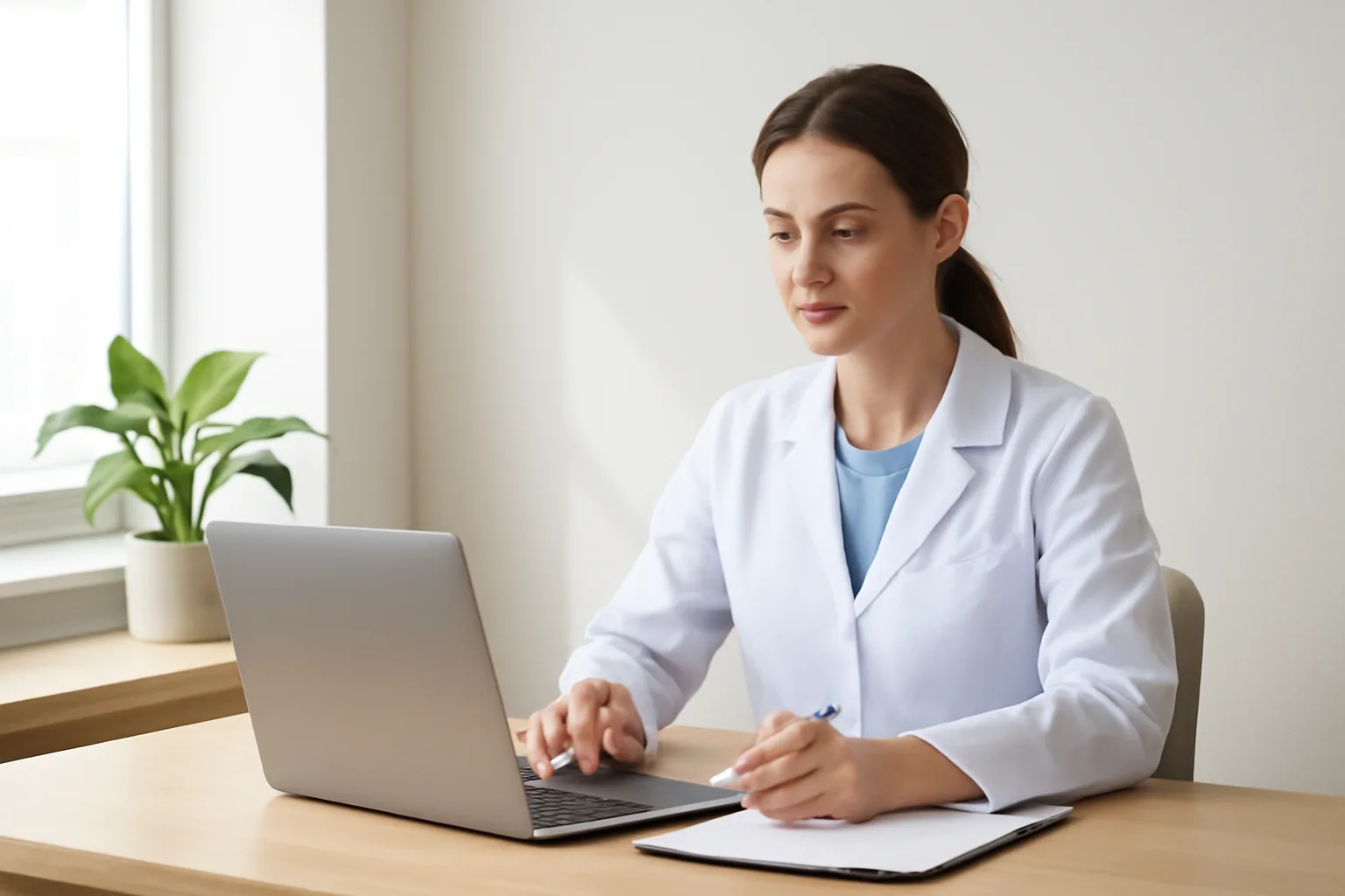 Modern pharmacy consultation room with healthcare professional at desk