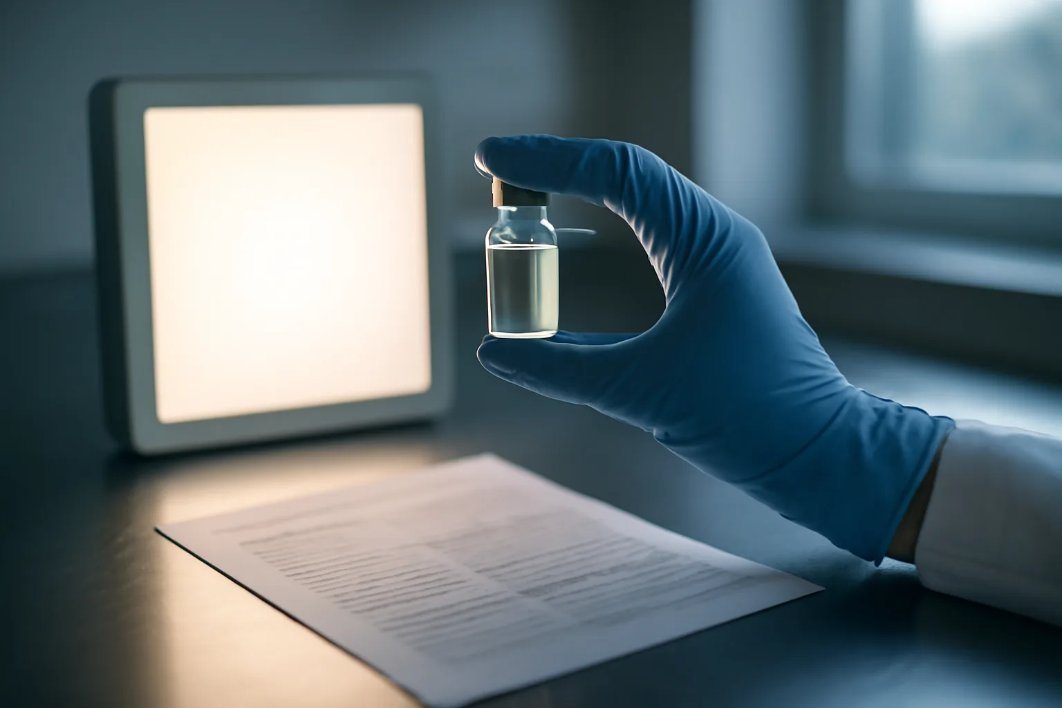 Gloved hand inspecting a glass vial for PT-141 quality verification in a lab