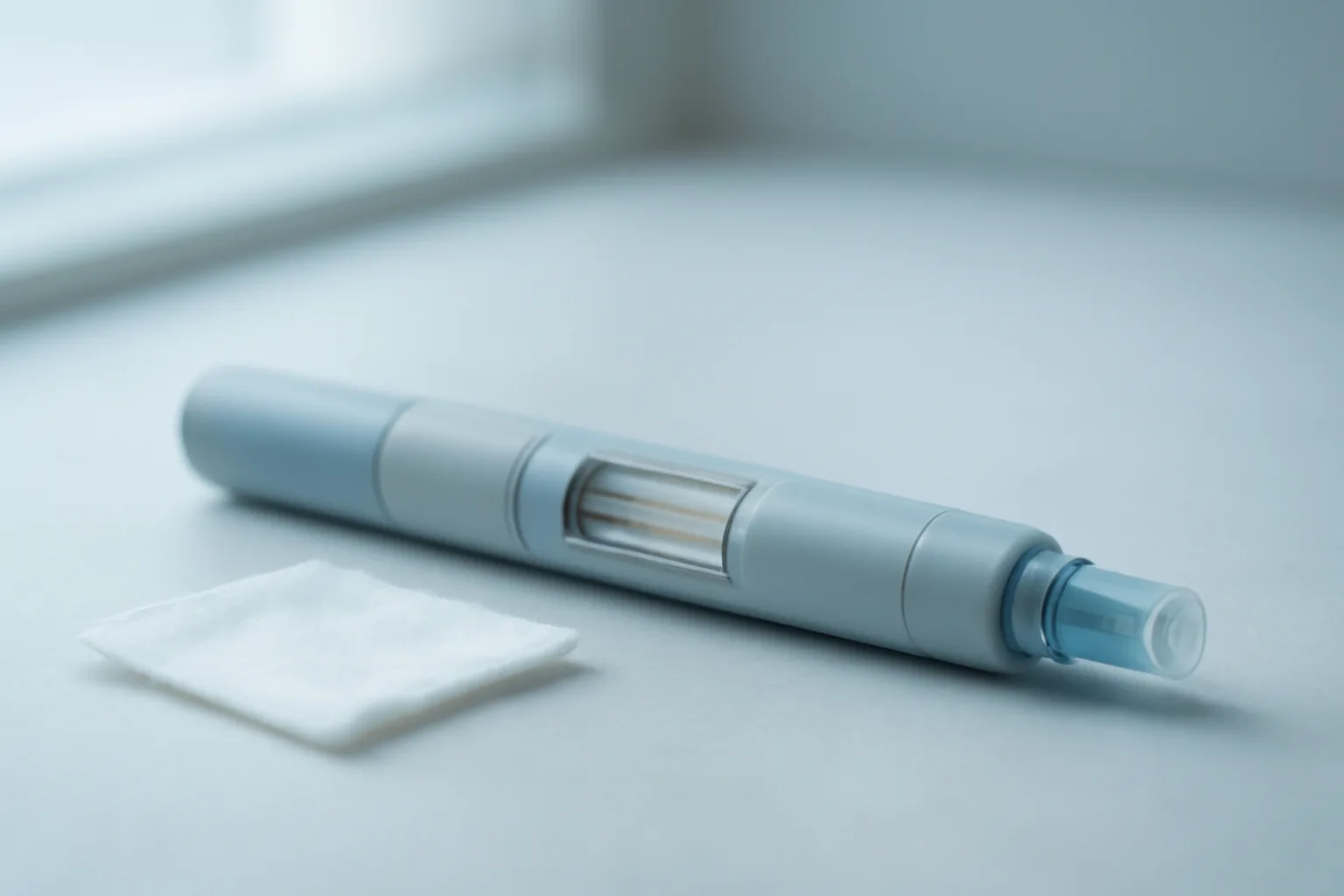 Prefilled autoinjector pen on a clinical counter, representing FDA-approved PT-141 treatment
