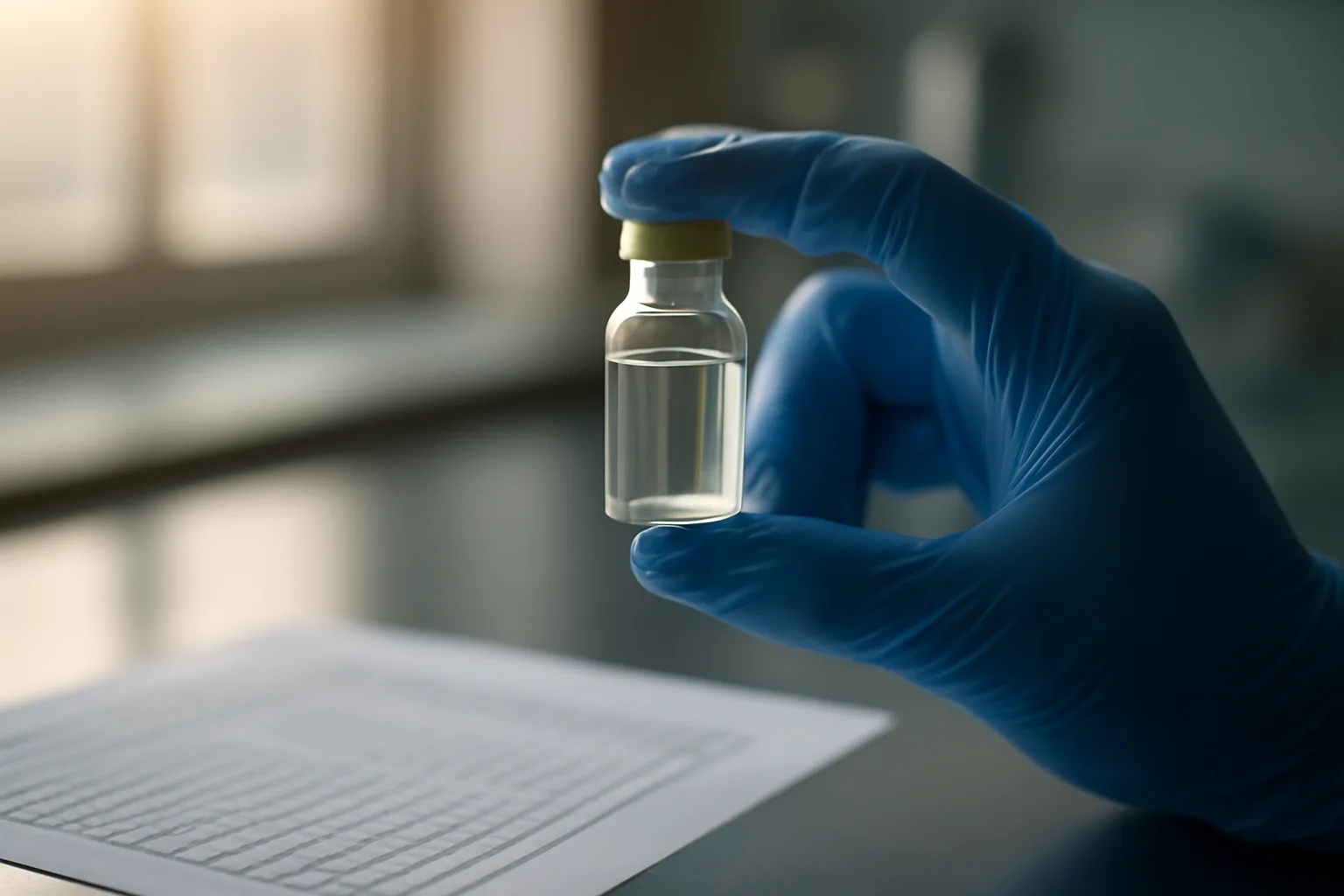 Gloved hand examining a glass vial beside a printed lab report on a steel bench
