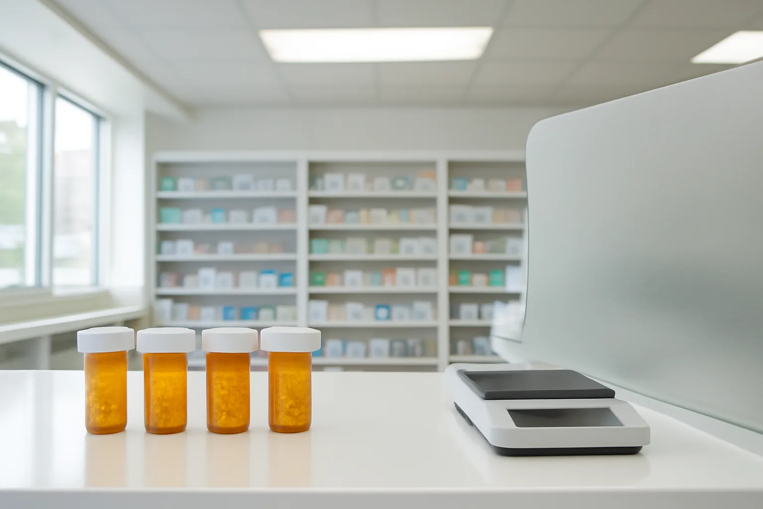 Pharmacy counter with prescription vials and privacy partition, no branding visible