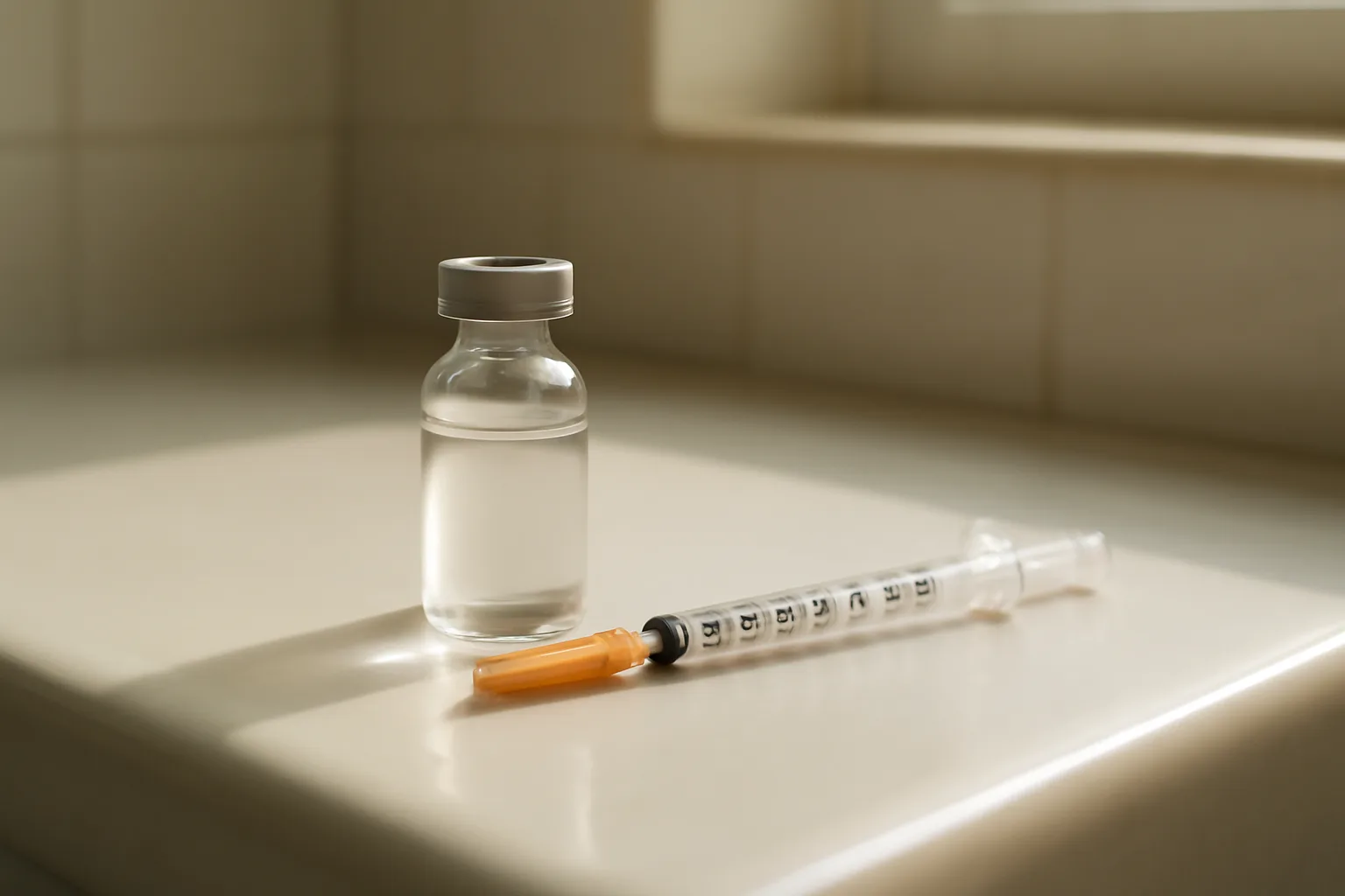 PT-141 vial and syringe on bathroom counter with natural light