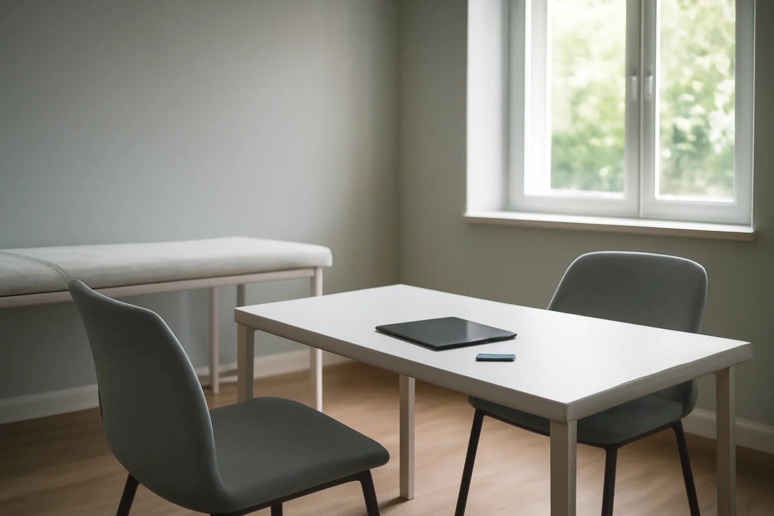 Empty medical consultation room with desk and chairs for PT-141 prescription discussion