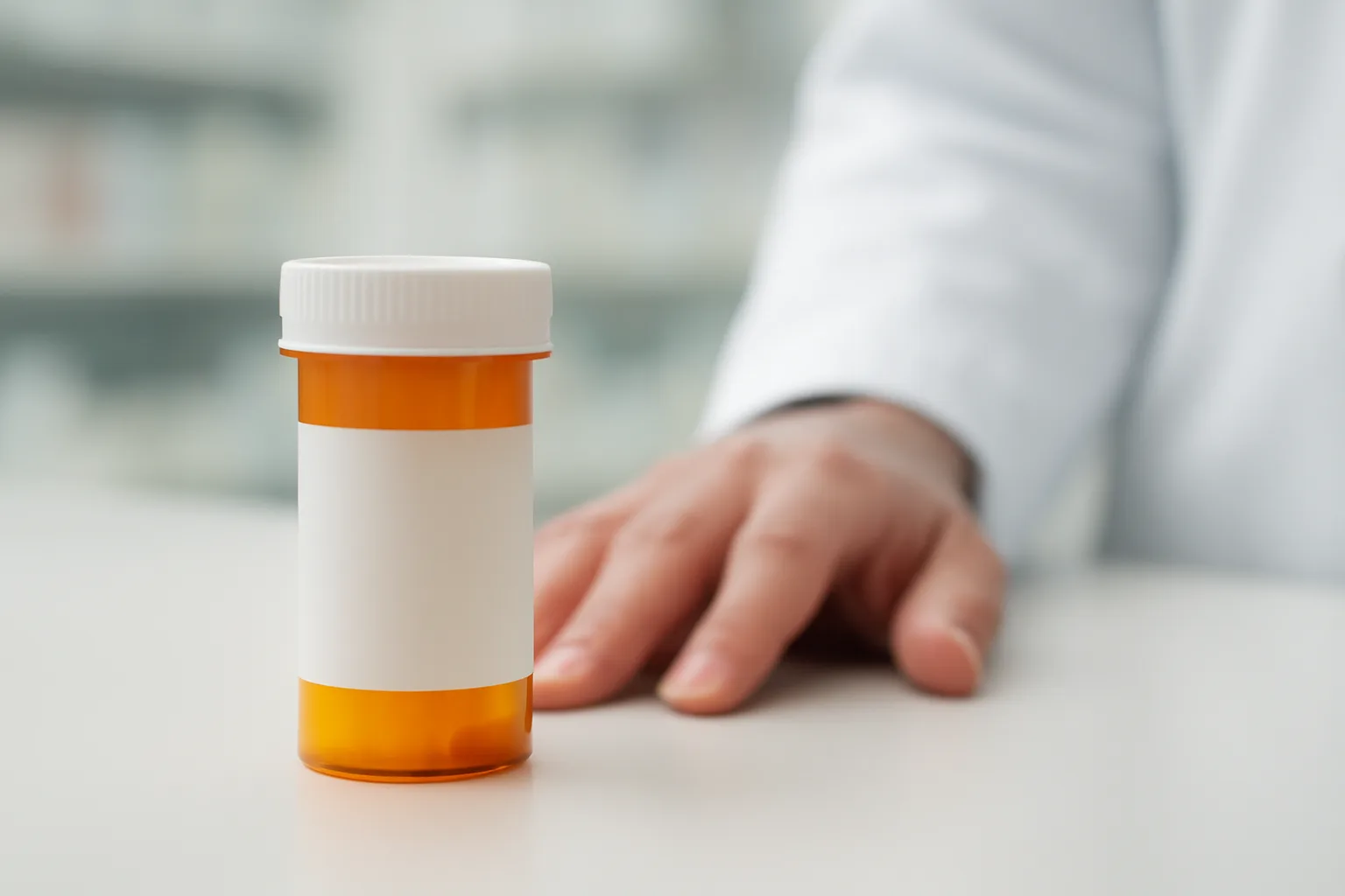 Prescription bottle at pharmacy counter with pharmacist
