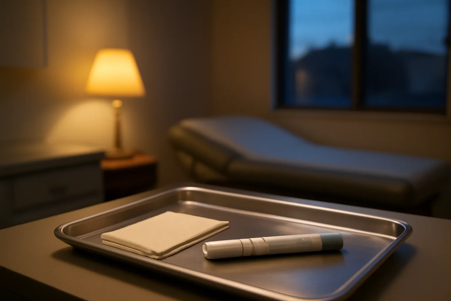 Autoinjector pen on a tray in a softly lit clinical exam room