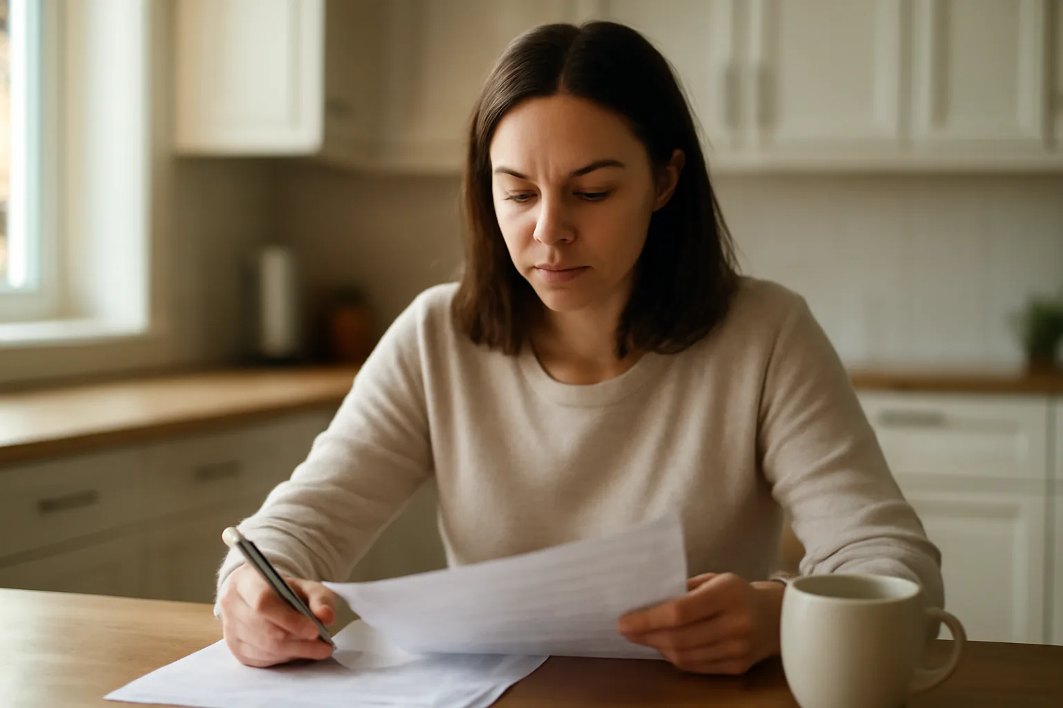 Woman reviewing medical paperwork at home for treatment decision