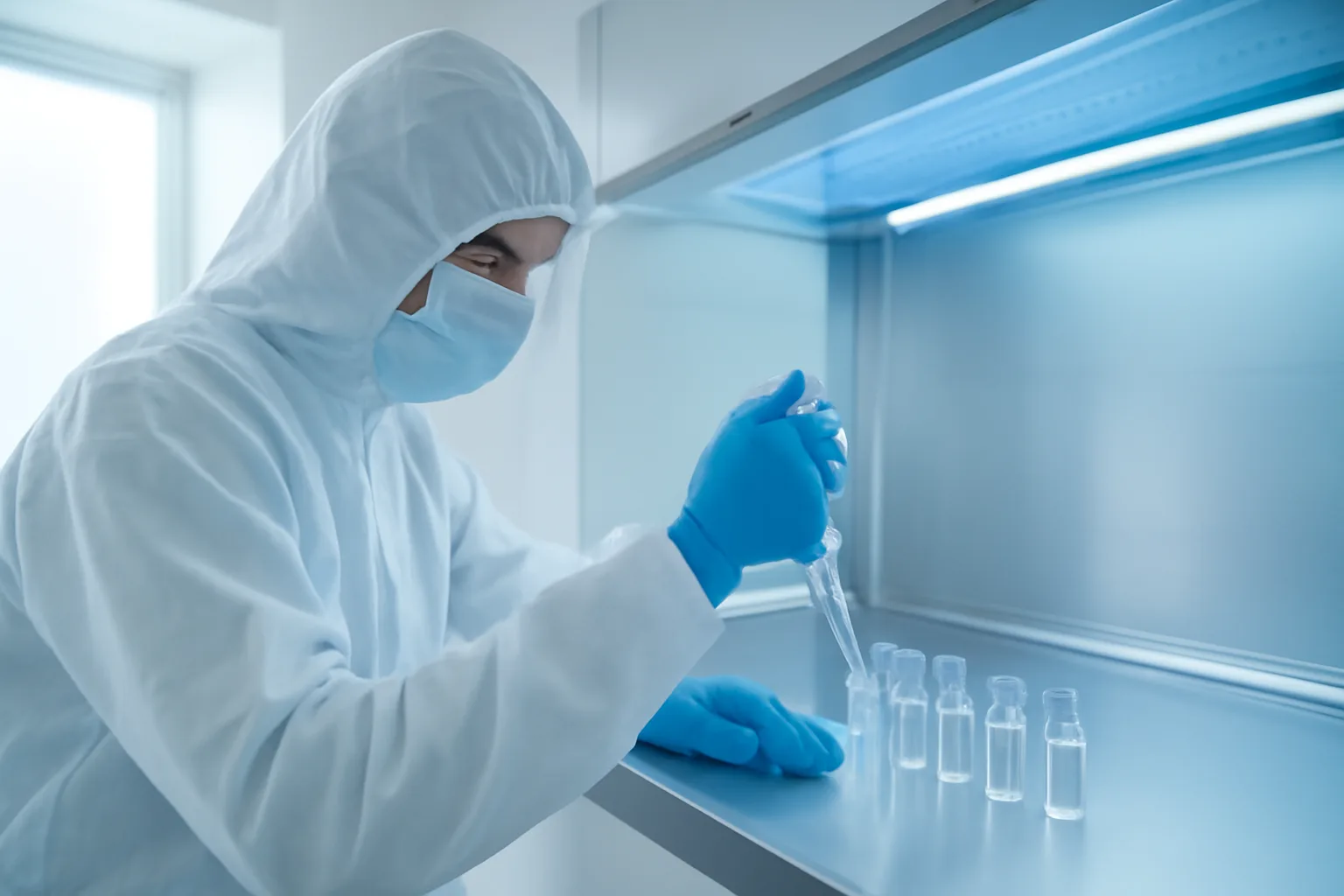 Technician compounding peptide under sterile conditions in pharmaceutical cleanroom